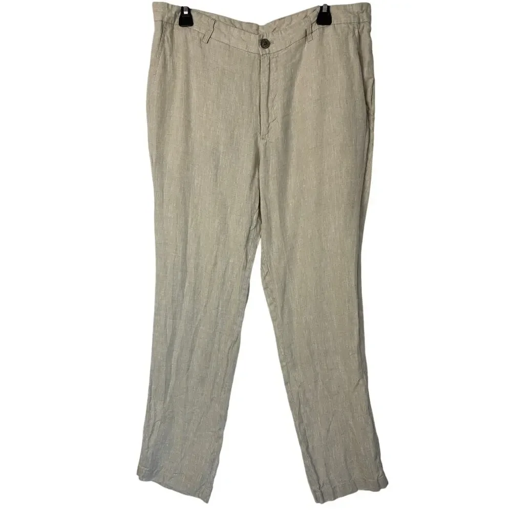 Tasso Elba Linen Pants Mens 36x32 Beige Flat Front Relax Beach Lightweight